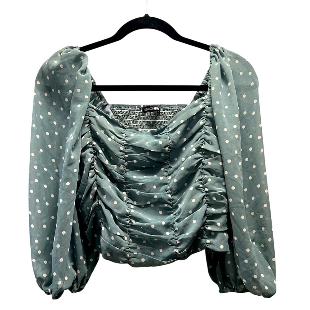 Fashion Nova Green Polka Dot Puff Sleeve Ruched Crop Top Blouse- Size XL